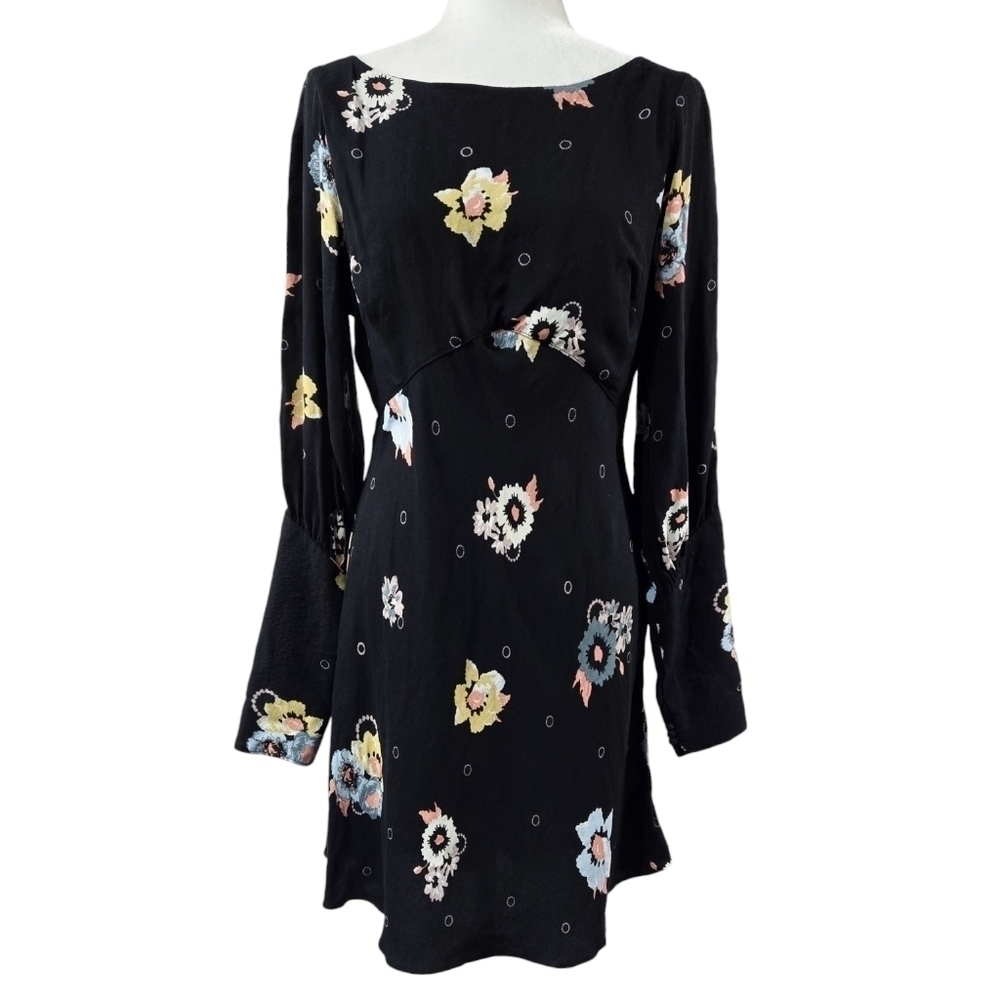 Free People Sunshadows Slit Sleeve Black Floral Dress Romantic Date Night Flirty